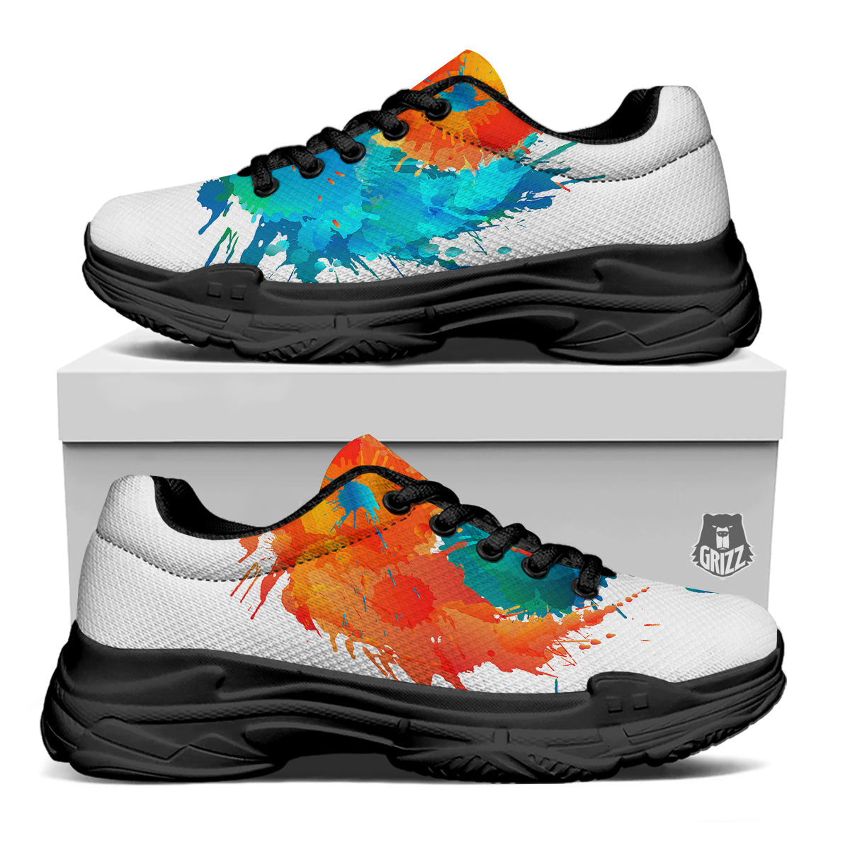 Yin Yang Colorful Splash Print Black Chunky Shoes-grizzshop