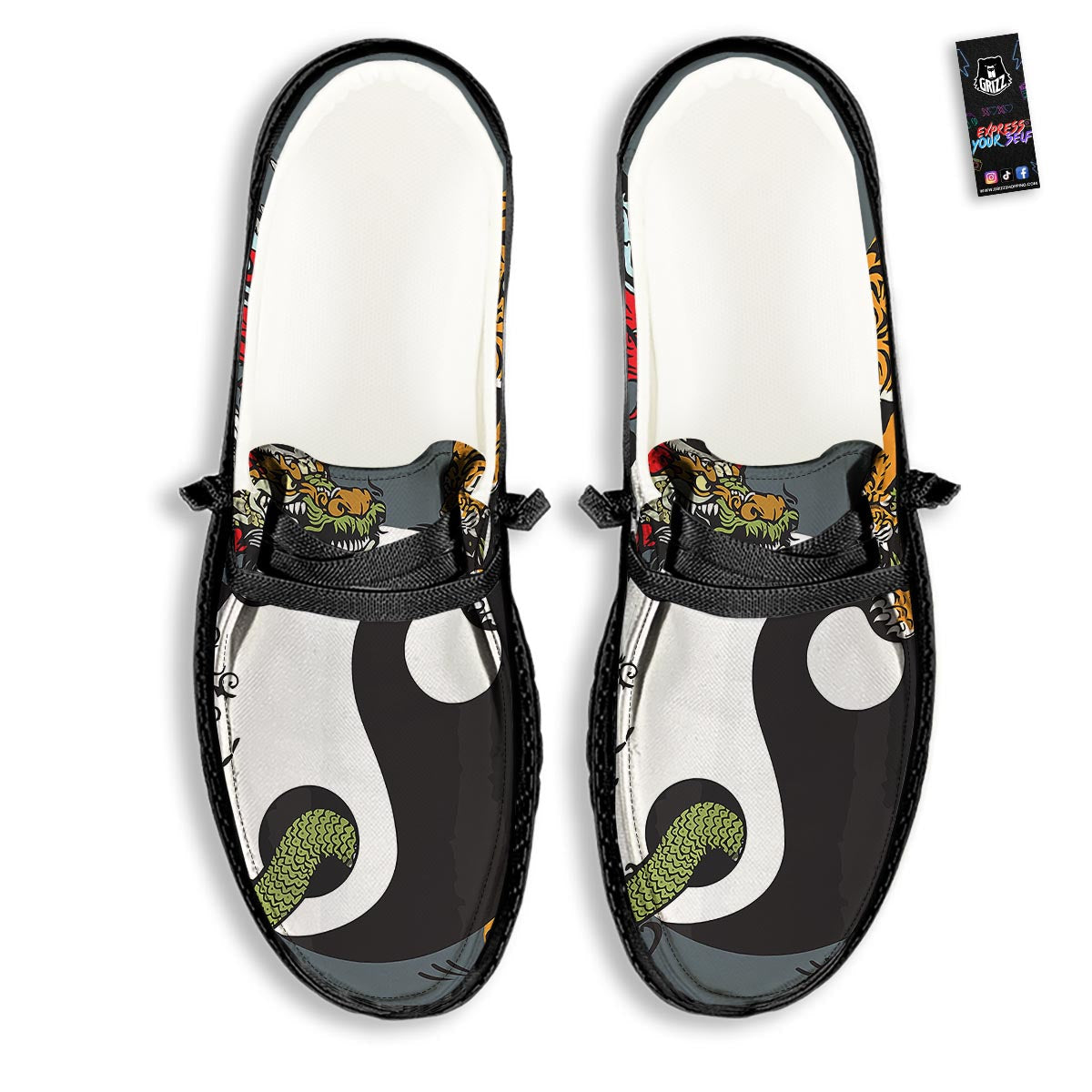 Yin Yang Dragon And Tiger Print Black Loafers-grizzshop