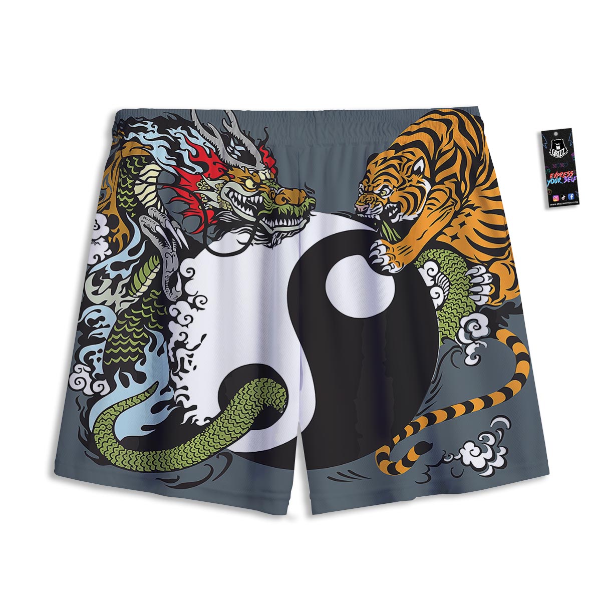 Yin Yang Dragon And Tiger Print Mesh Shorts