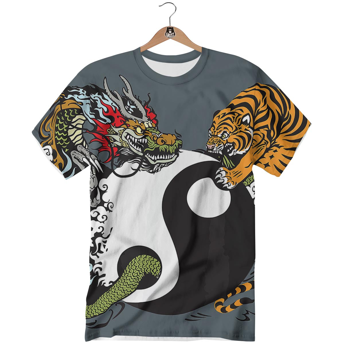 Yin Yang Dragon And Tiger Print T-Shirt-grizzshop