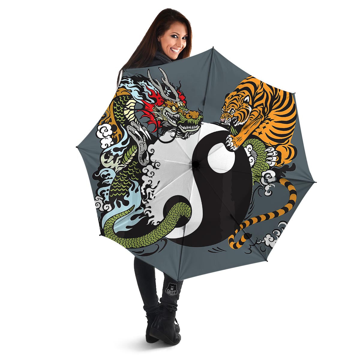 Yin Yang Dragon And Tiger Print Umbrella-grizzshop