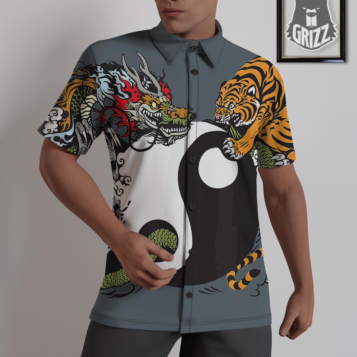Yin Yang Dragon And Tiger Print Untucked Shirts-grizzshop