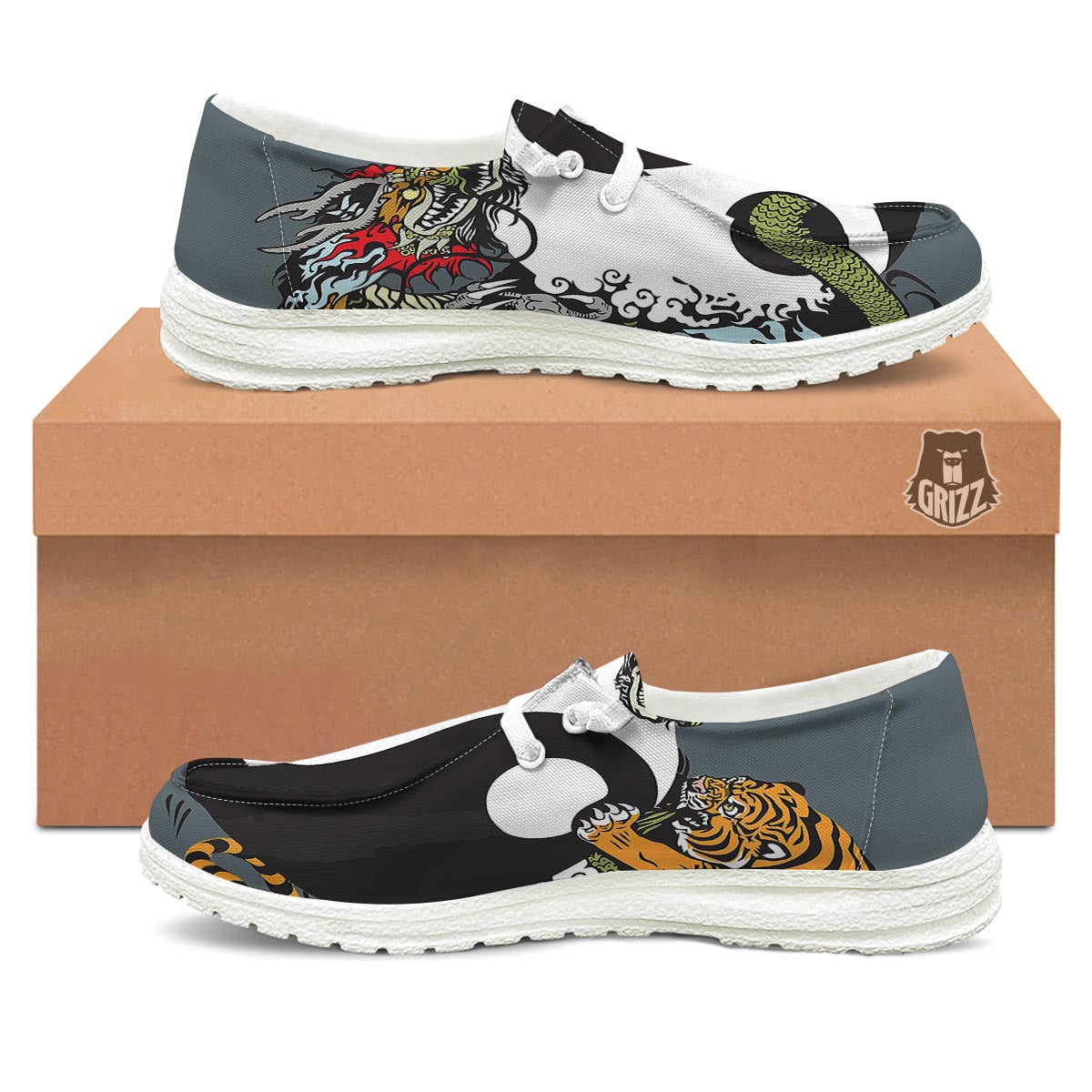 Yin Yang Dragon And Tiger Print White Loafers-grizzshop