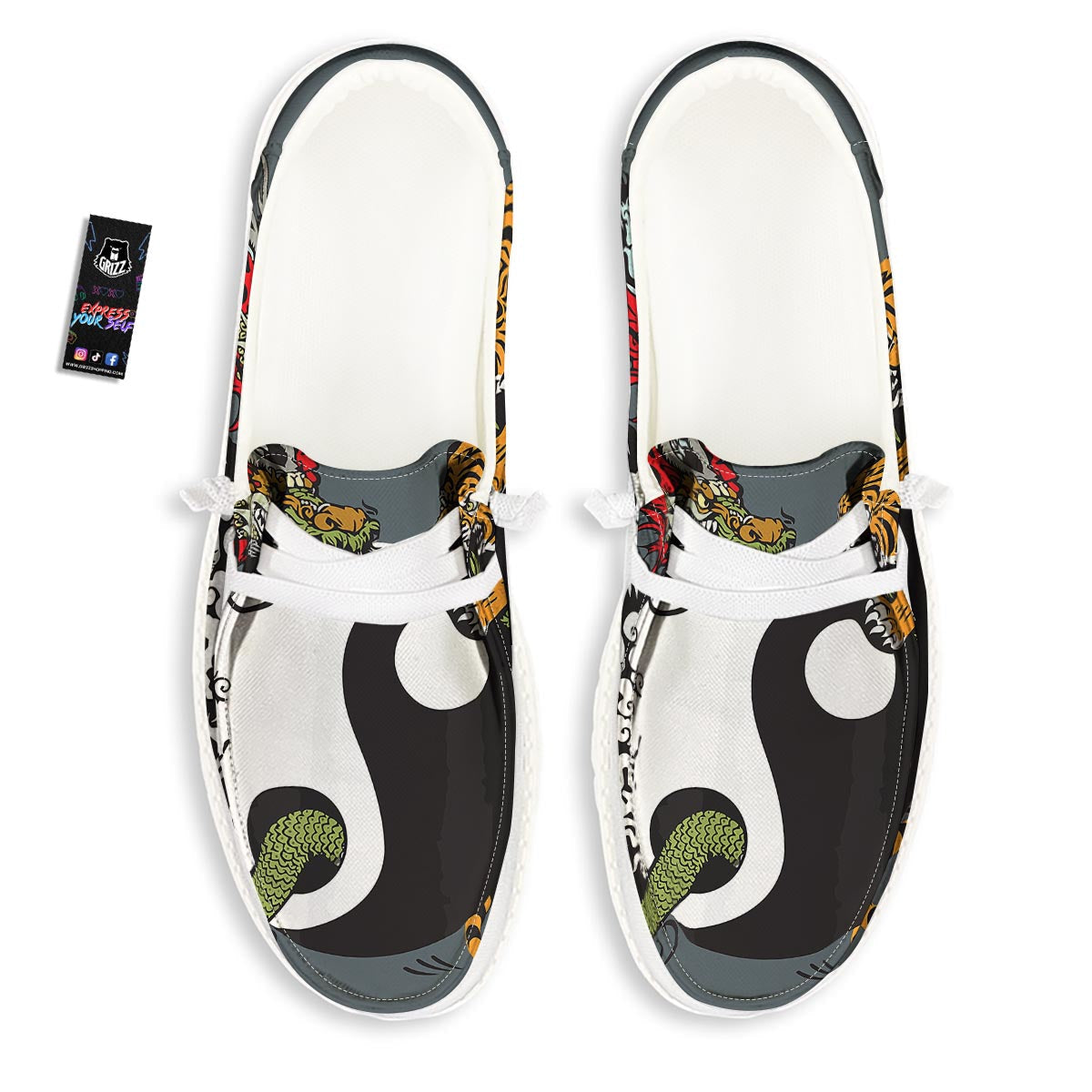 Yin Yang Dragon And Tiger Print White Loafers-grizzshop