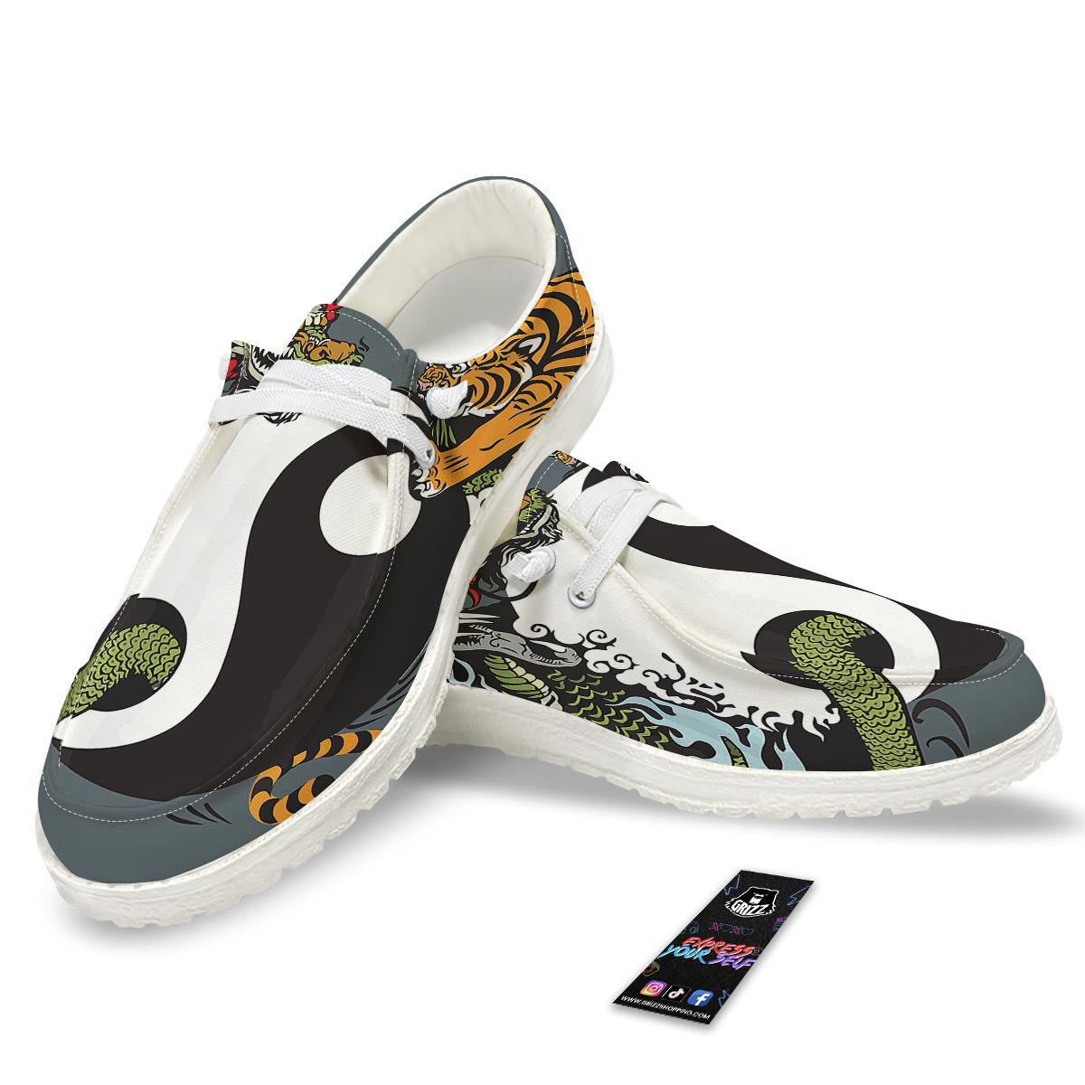 Yin Yang Dragon And Tiger Print White Loafers-grizzshop