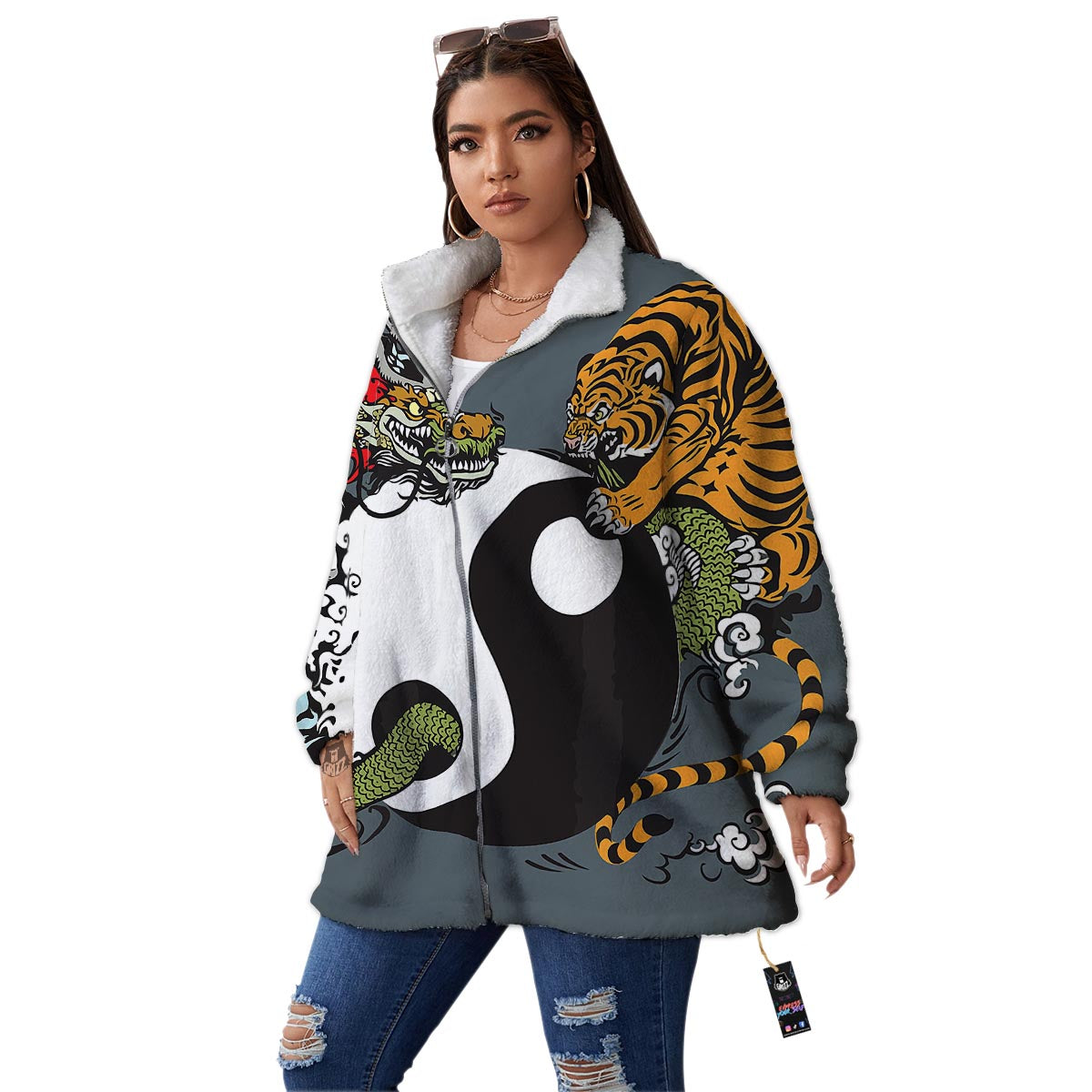 Yin Yang Dragon And Tiger Print Women's Sherpa Jacket-grizzshop