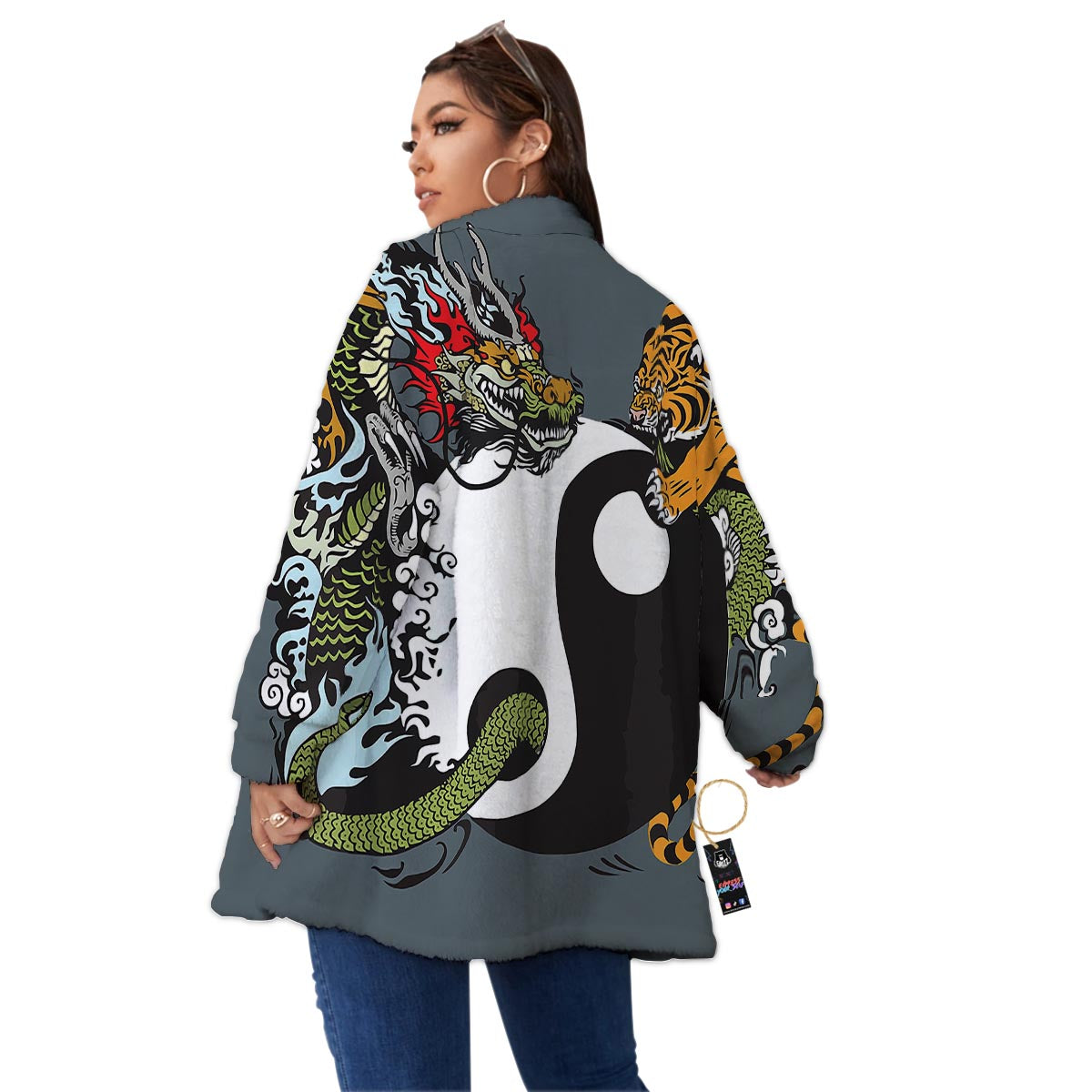 Yin Yang Dragon And Tiger Print Women's Sherpa Jacket-grizzshop