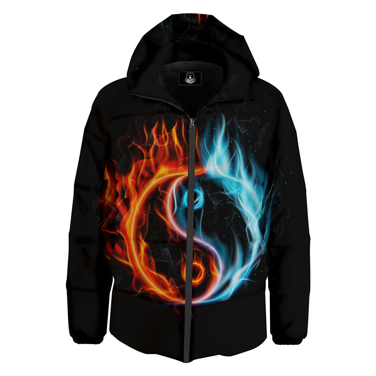 Yin Yang Flaming Print Down Jacket-grizzshop