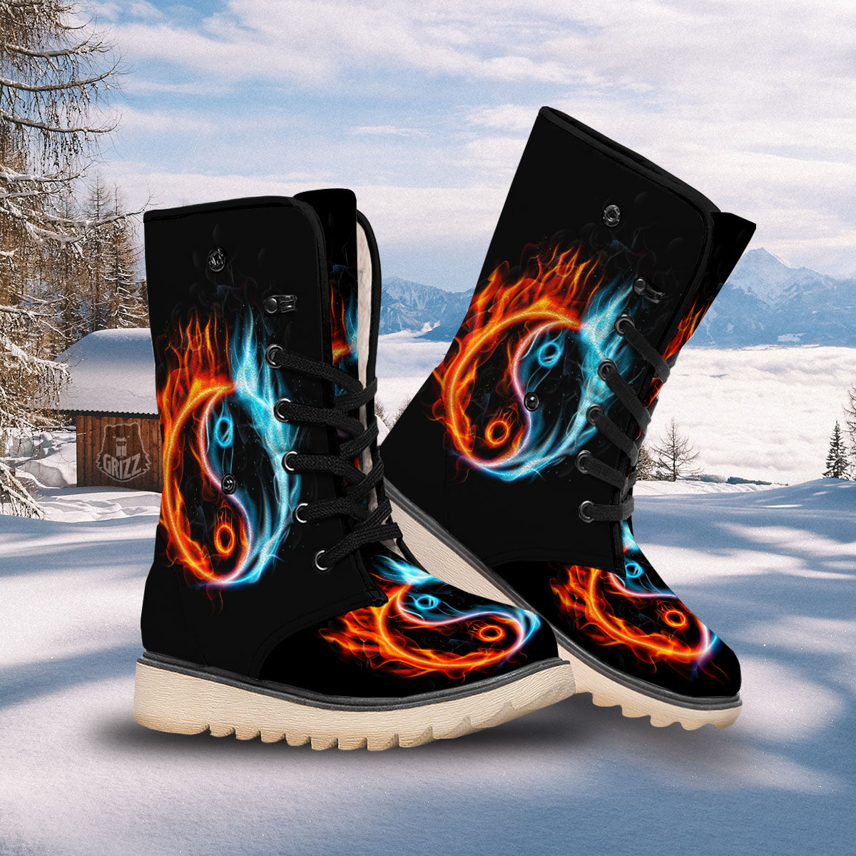 Yin Yang Flaming Print Snow Boots-grizzshop