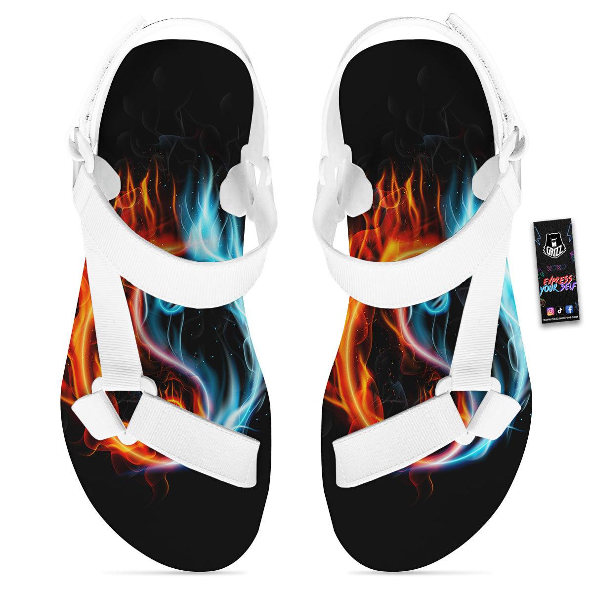 Yin Yang Flaming Print White Open Toe Sandals-grizzshop