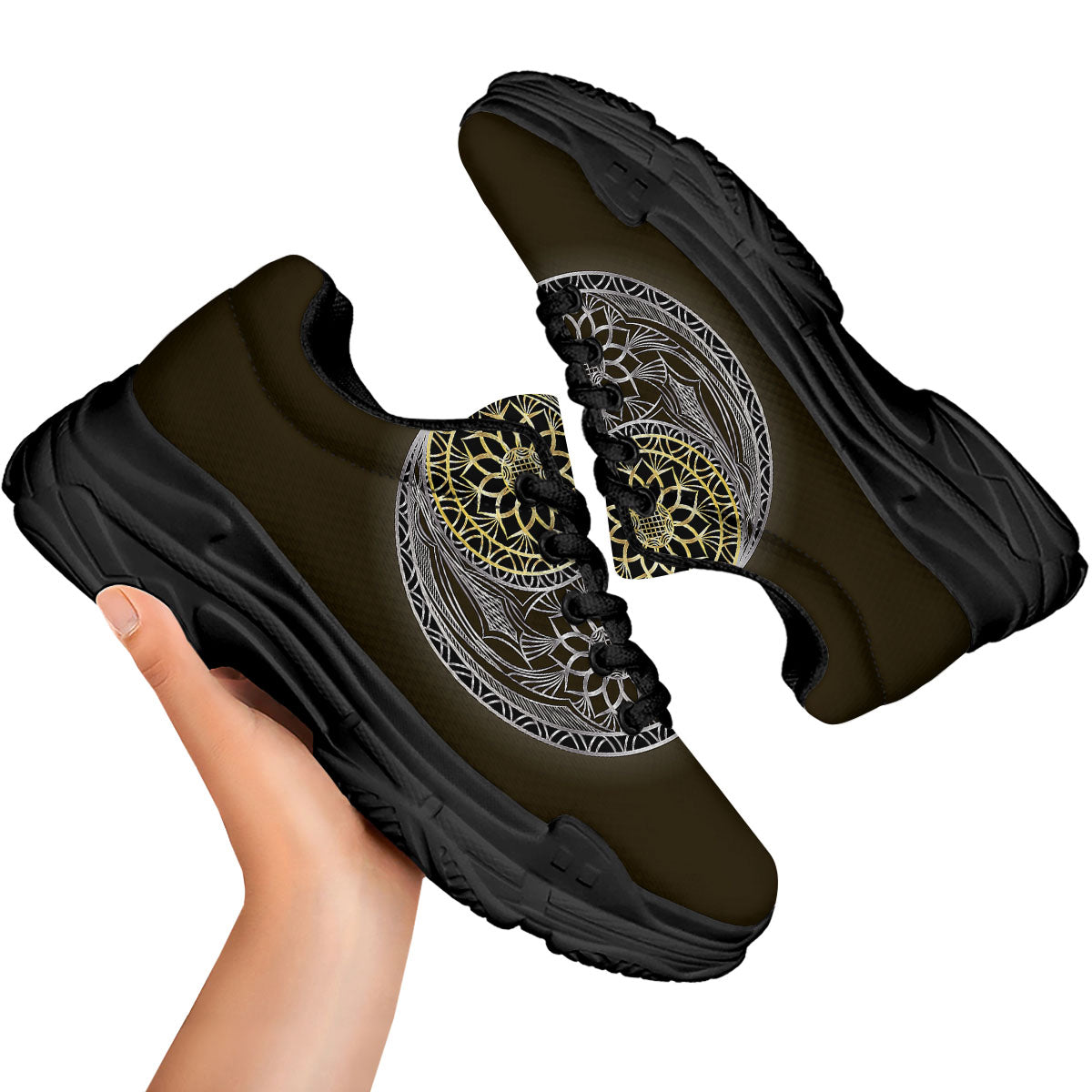 Yin Yang Flower Grey And Gold Print Black Chunky Shoes-grizzshop