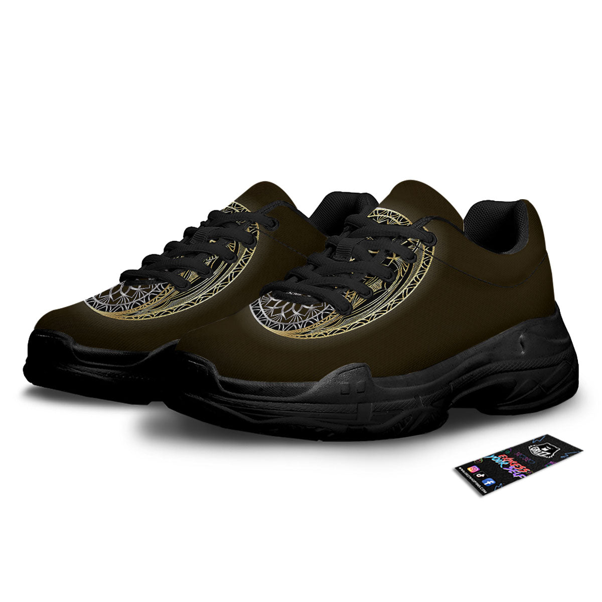 Yin Yang Flower Grey And Gold Print Black Chunky Shoes-grizzshop
