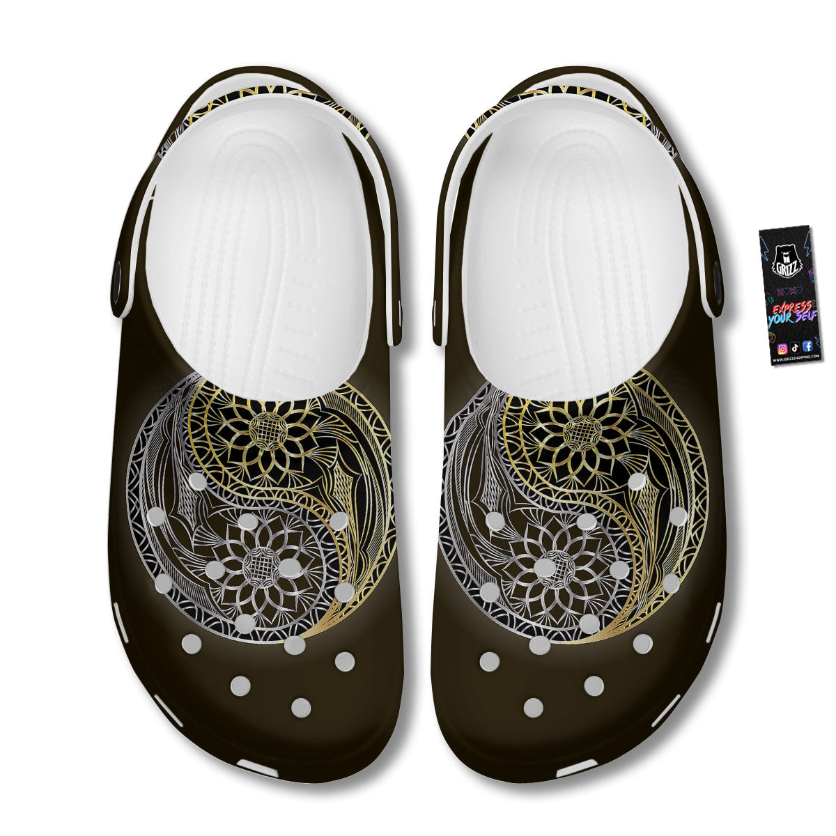 Yin Yang Flower Grey And Gold Print Clog-grizzshop