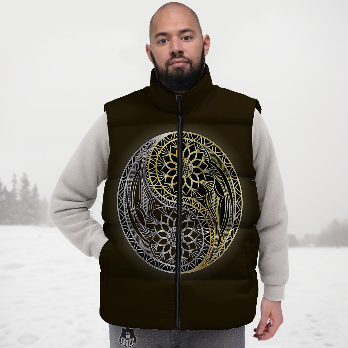 Yin Yang Flower Grey And Gold Print Down Vest-grizzshop