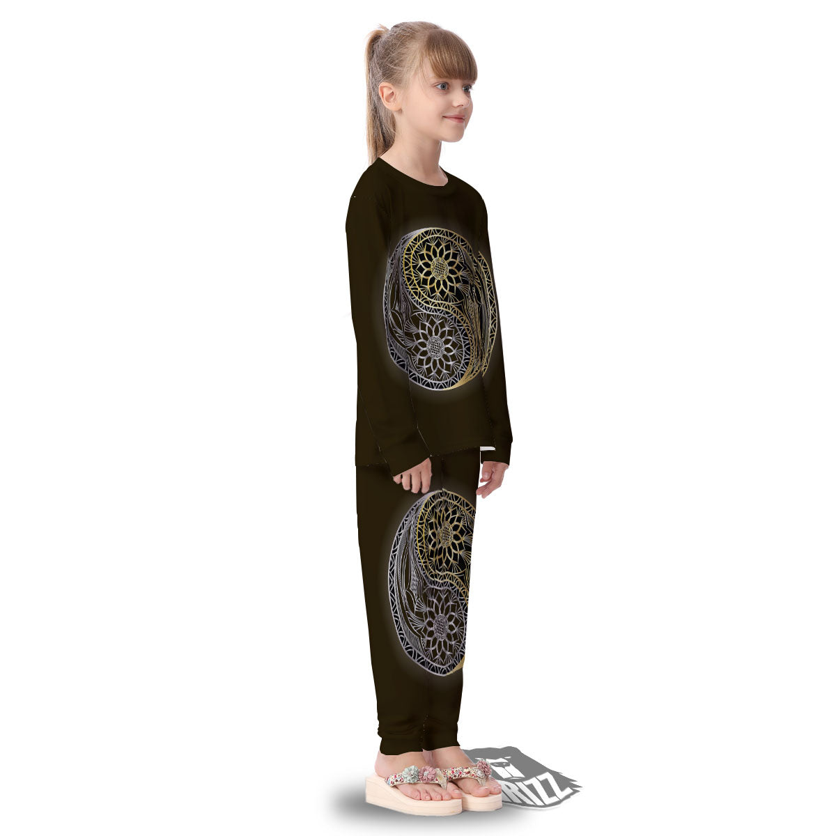 Yin Yang Flower Grey And Gold Print Kid's Pajamas-grizzshop
