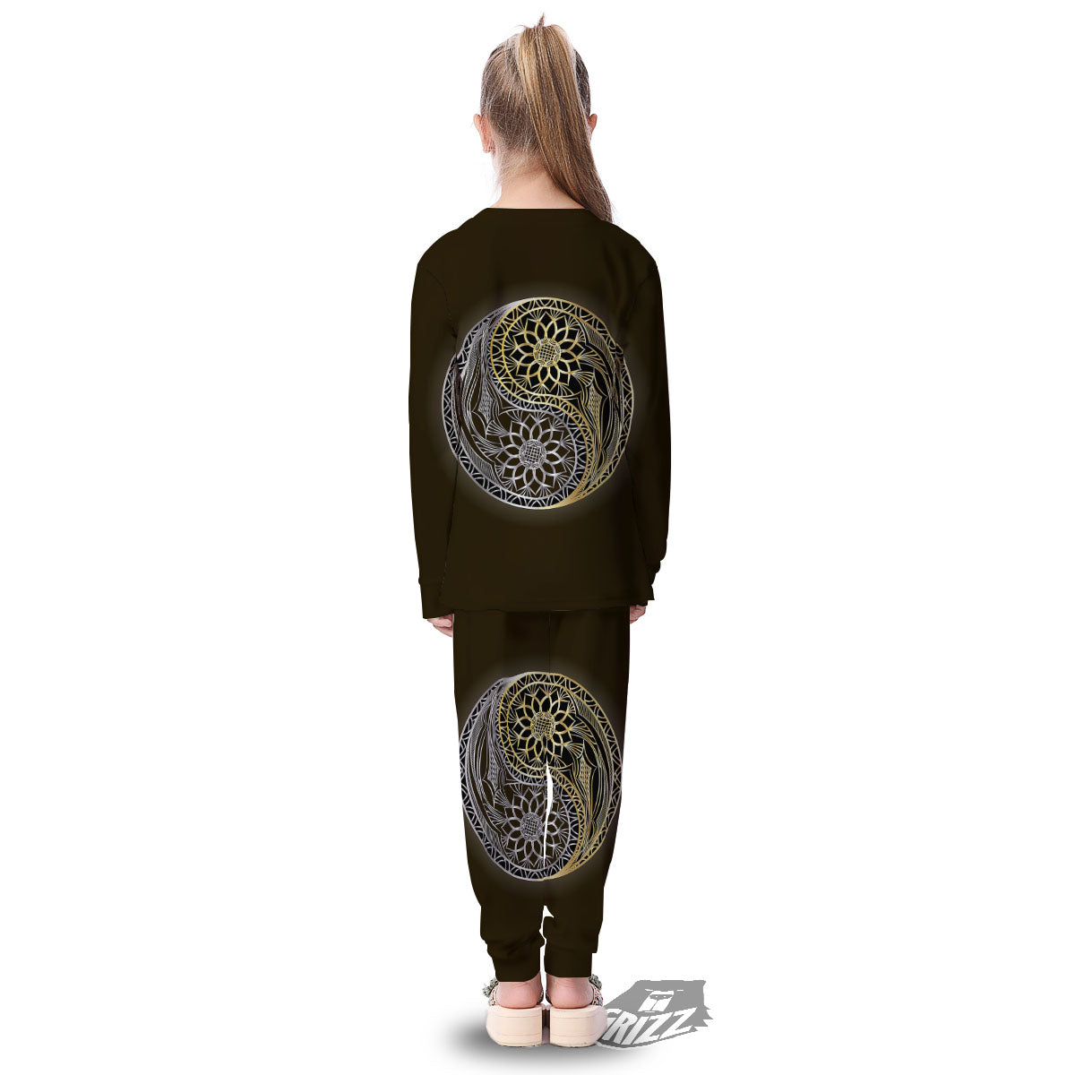 Yin Yang Flower Grey And Gold Print Kid's Pajamas-grizzshop