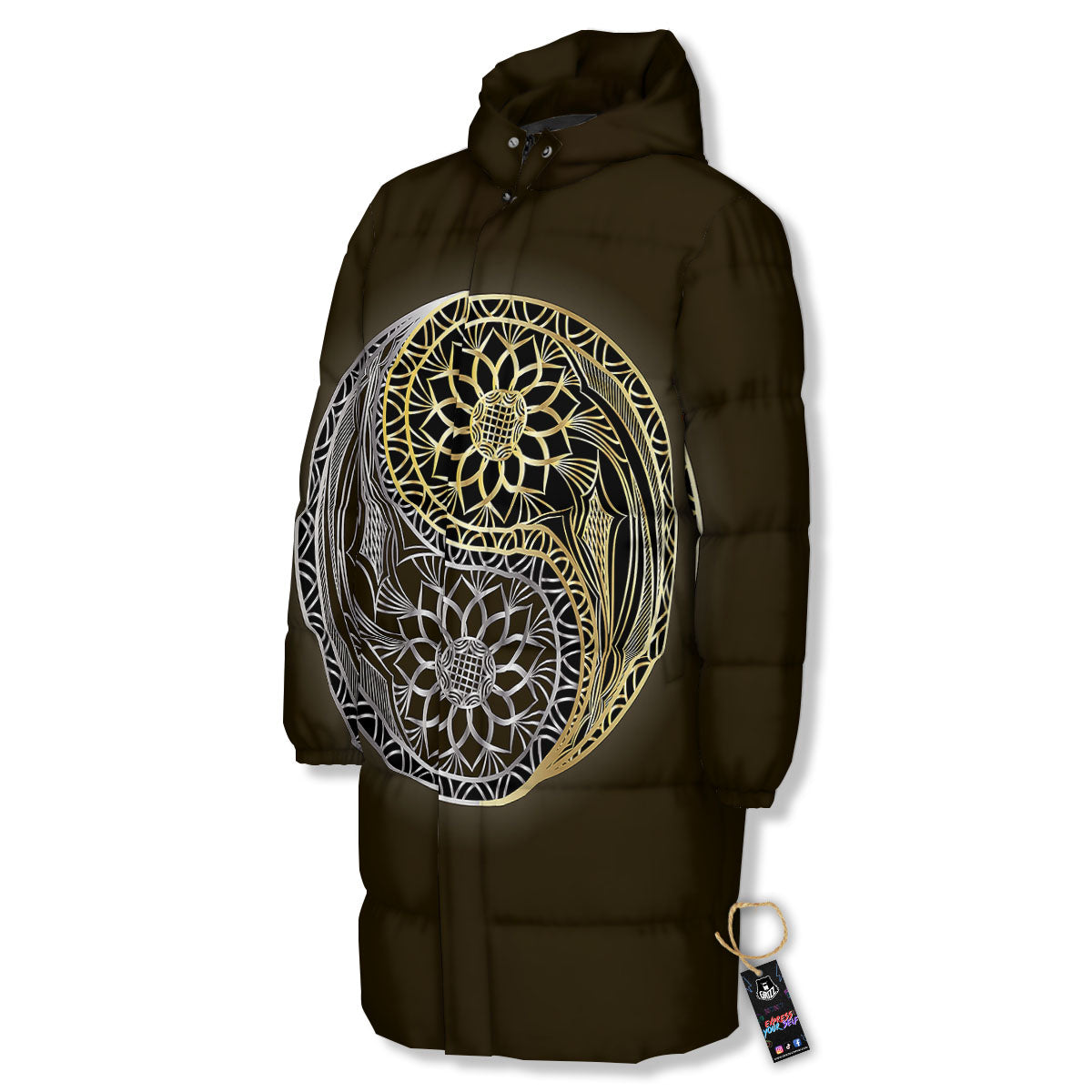 Yin Yang Flower Grey And Gold Print Long Down Jacket-grizzshop