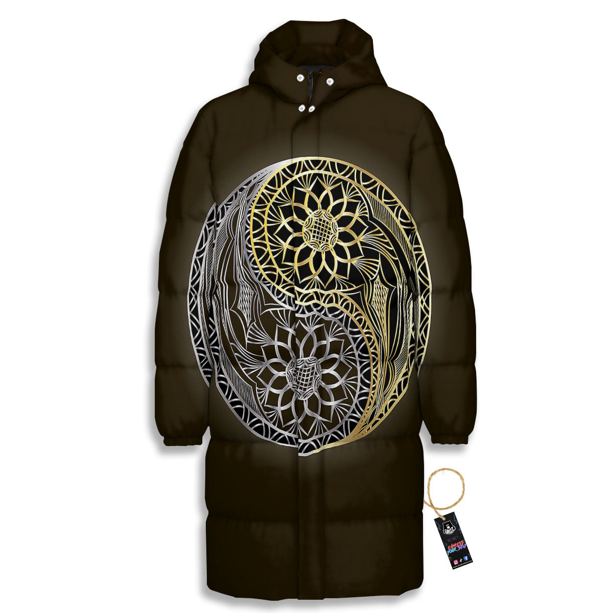 Yin Yang Flower Grey And Gold Print Long Down Jacket-grizzshop