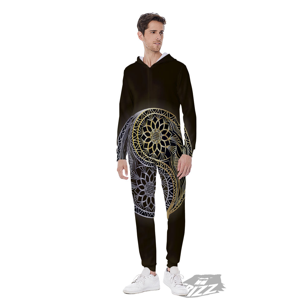 Yin Yang Flower Grey And Gold Print Men's Jumpsuit-grizzshop