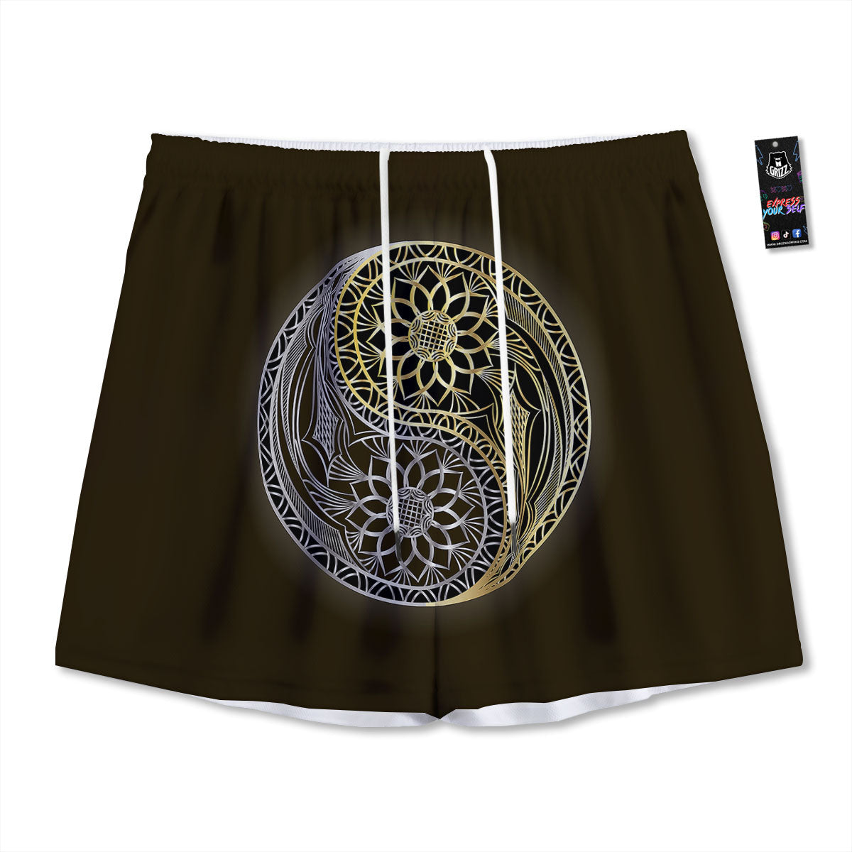 Yin Yang Flower Grey And Gold Print Mesh Shorts-grizzshop