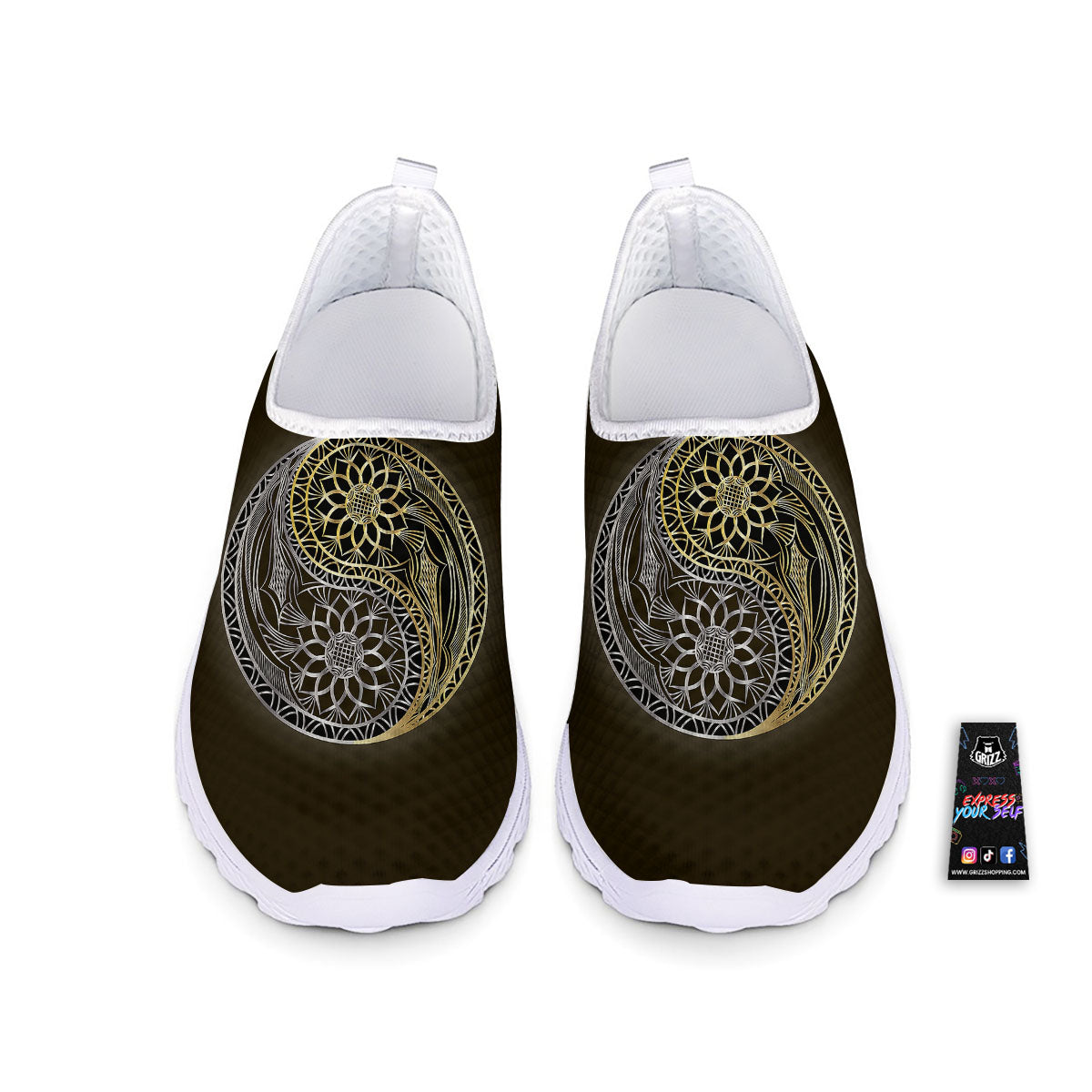 Yin Yang Flower Grey And Gold Print Nurse Shoes-grizzshop