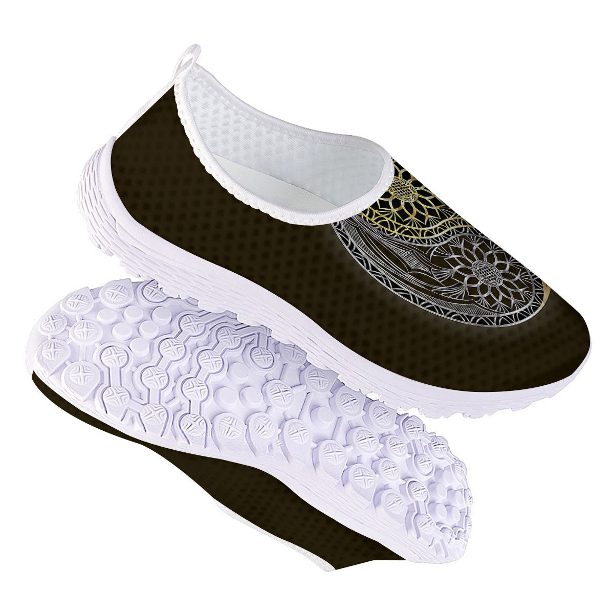 Yin Yang Flower Grey And Gold Print Nurse Shoes-grizzshop