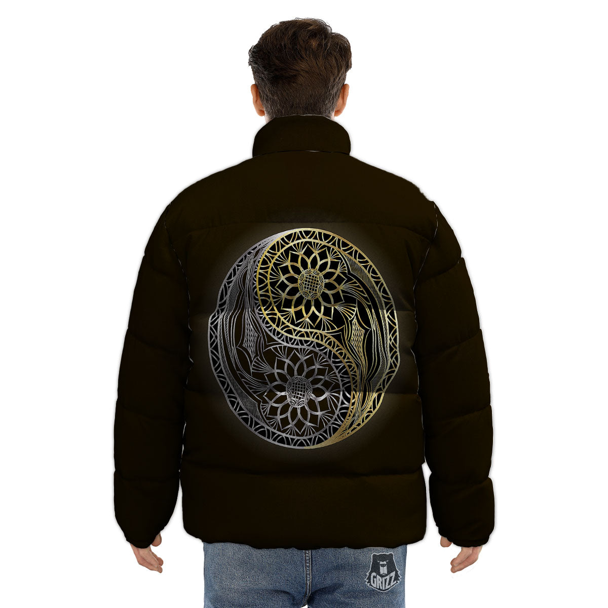Yin Yang Flower Grey And Gold Print Puffer Jacket-grizzshop
