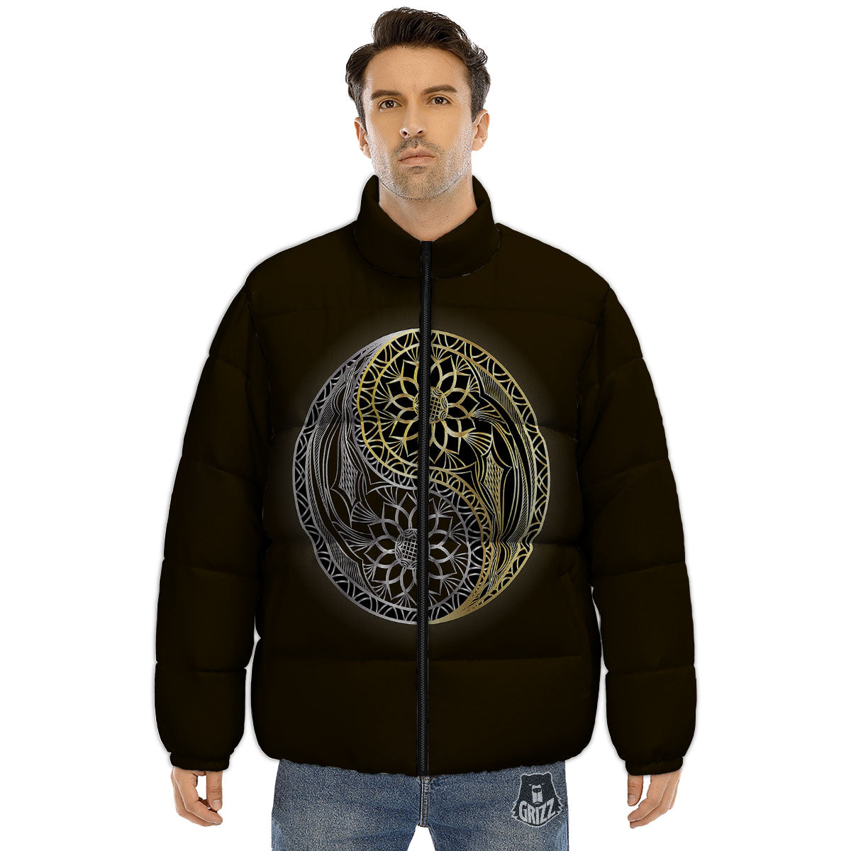 Yin Yang Flower Grey And Gold Print Puffer Jacket-grizzshop