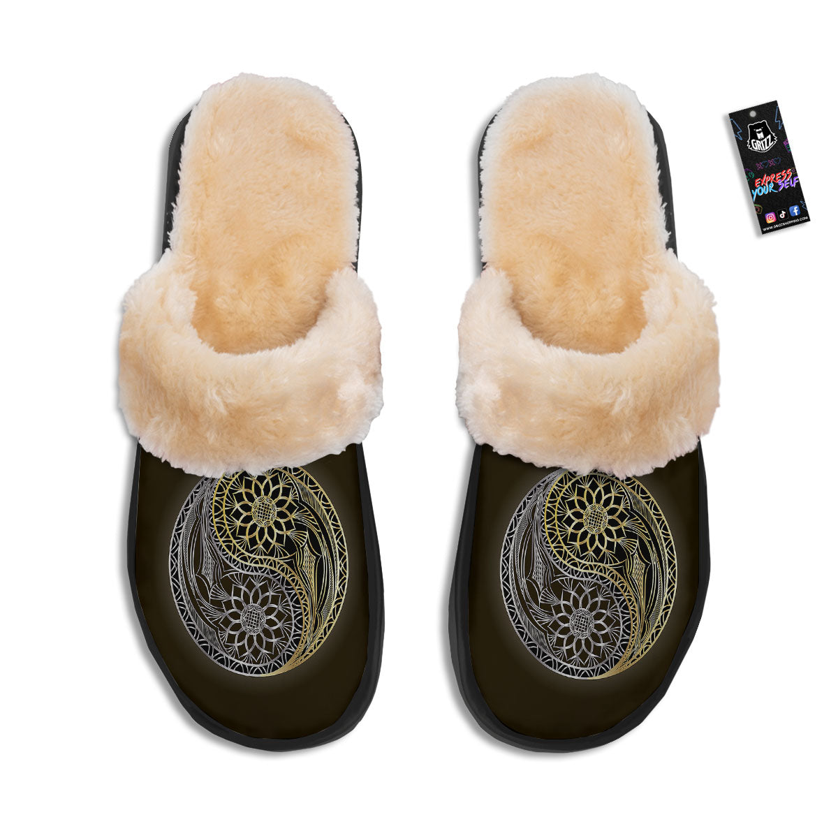 Yin Yang Flower Grey And Gold Print Slippers-grizzshop