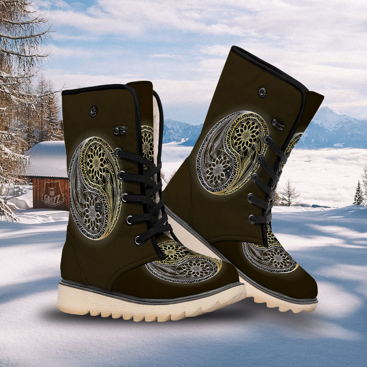 Yin Yang Flower Grey And Gold Print Snow Boots-grizzshop