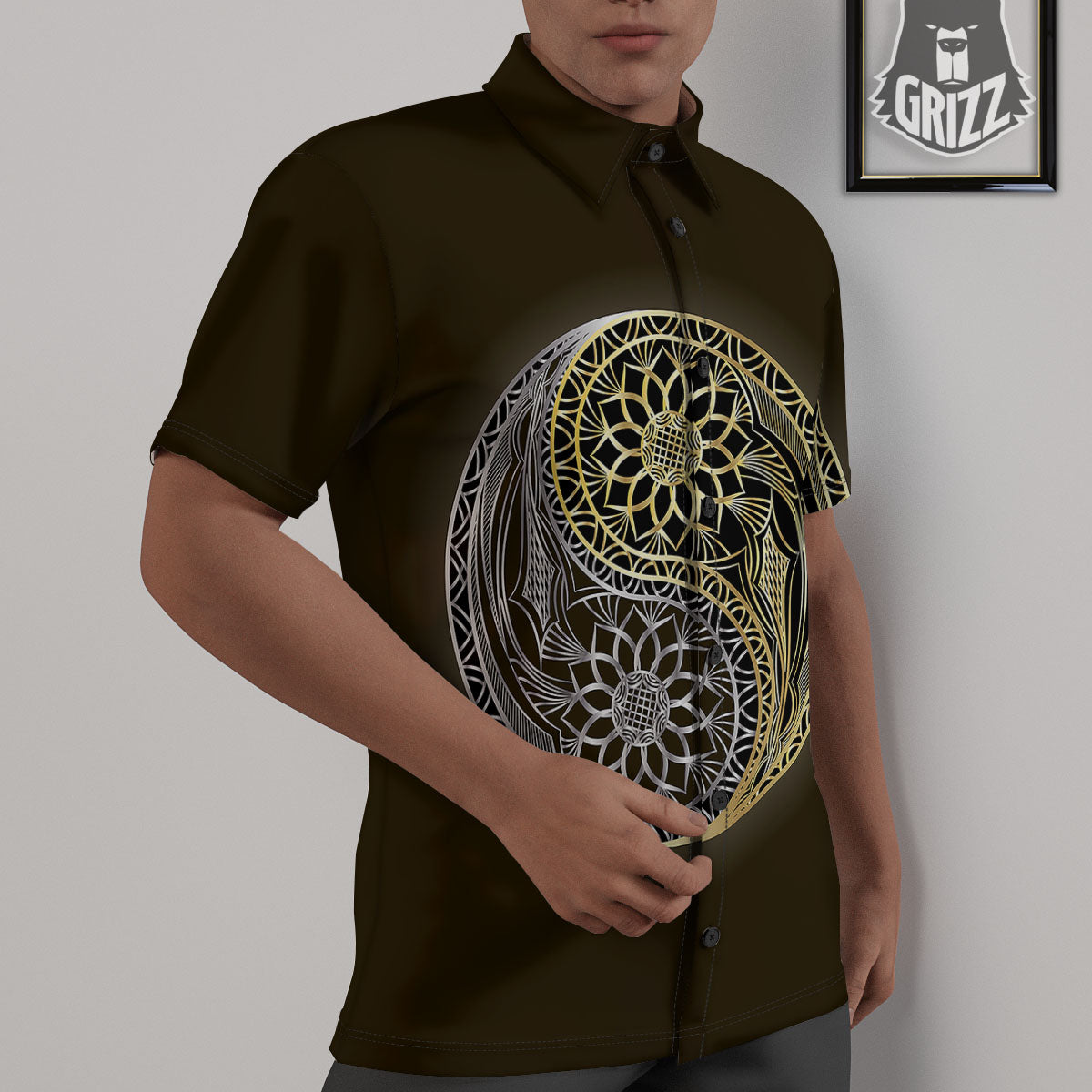 Yin Yang Flower Grey And Gold Print Untucked Shirts-grizzshop