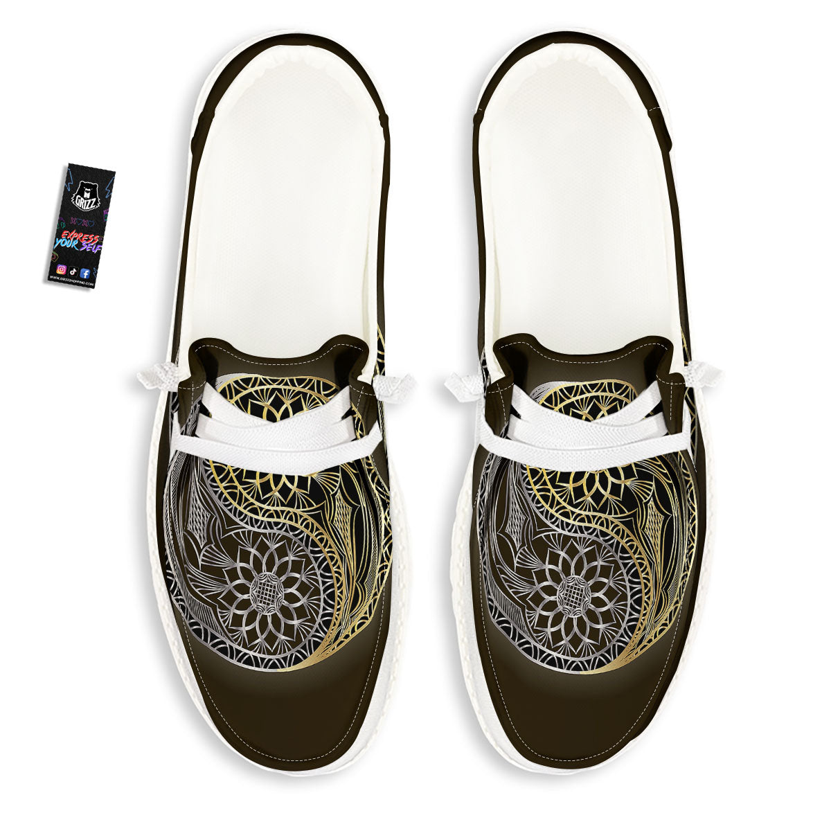 Yin Yang Flower Grey And Gold Print White Loafers-grizzshop
