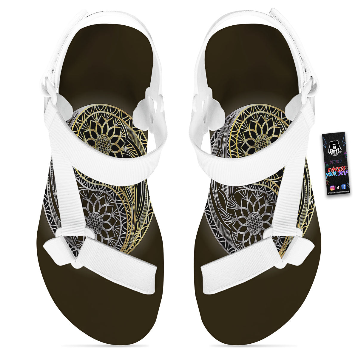 Yin Yang Flower Grey And Gold Print White Open Toe Sandals-grizzshop