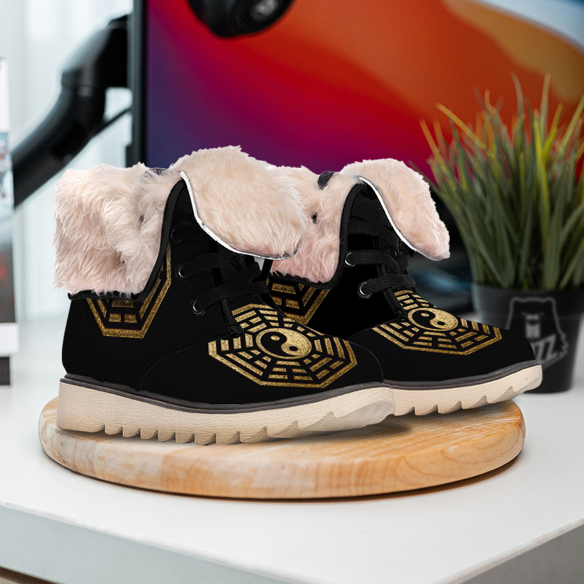 Yin Yang Gold Bagua Print Snow Boots-grizzshop