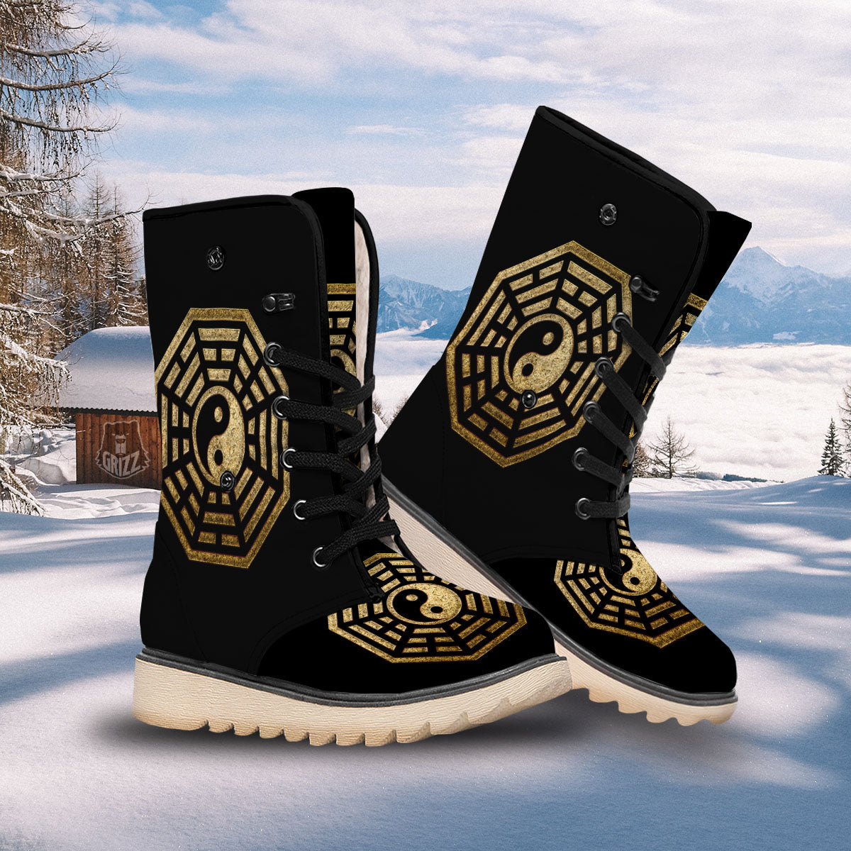Yin Yang Gold Bagua Print Snow Boots-grizzshop