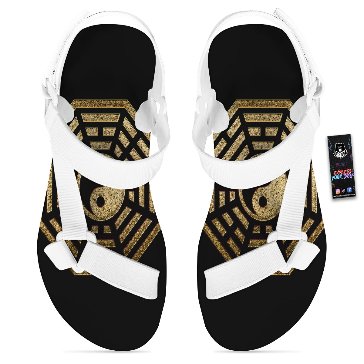 Yin Yang Gold Bagua Print White Open Toe Sandals-grizzshop
