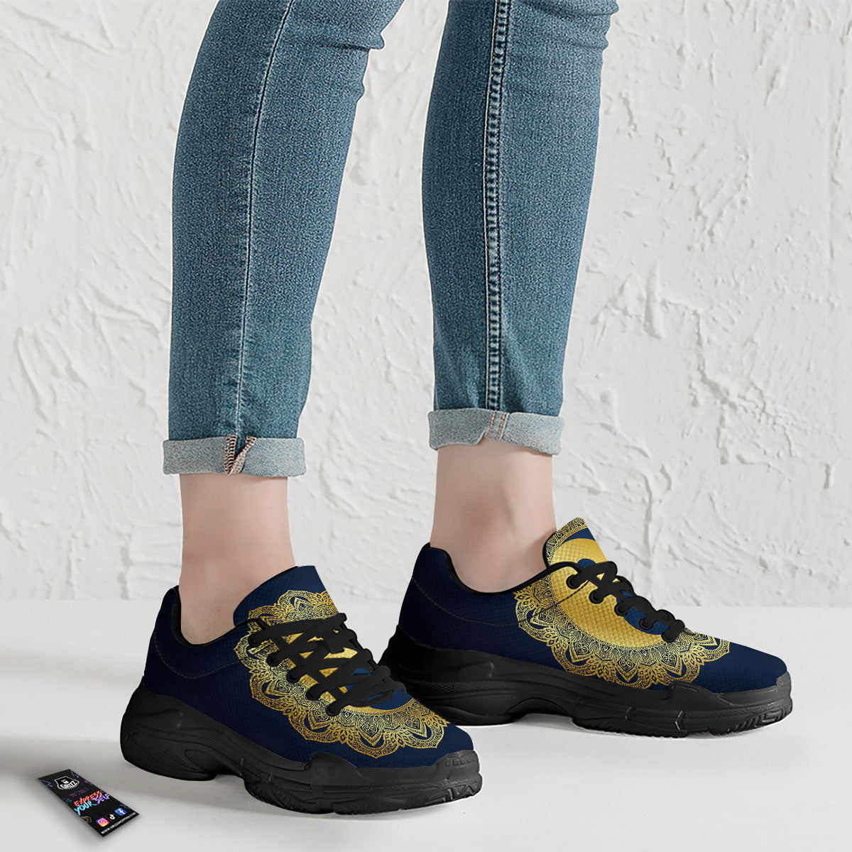 Yin Yang Gold Mandala Print Black Chunky Shoes-grizzshop