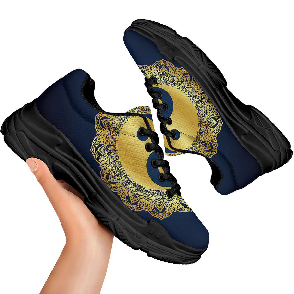 Yin Yang Gold Mandala Print Black Chunky Shoes-grizzshop