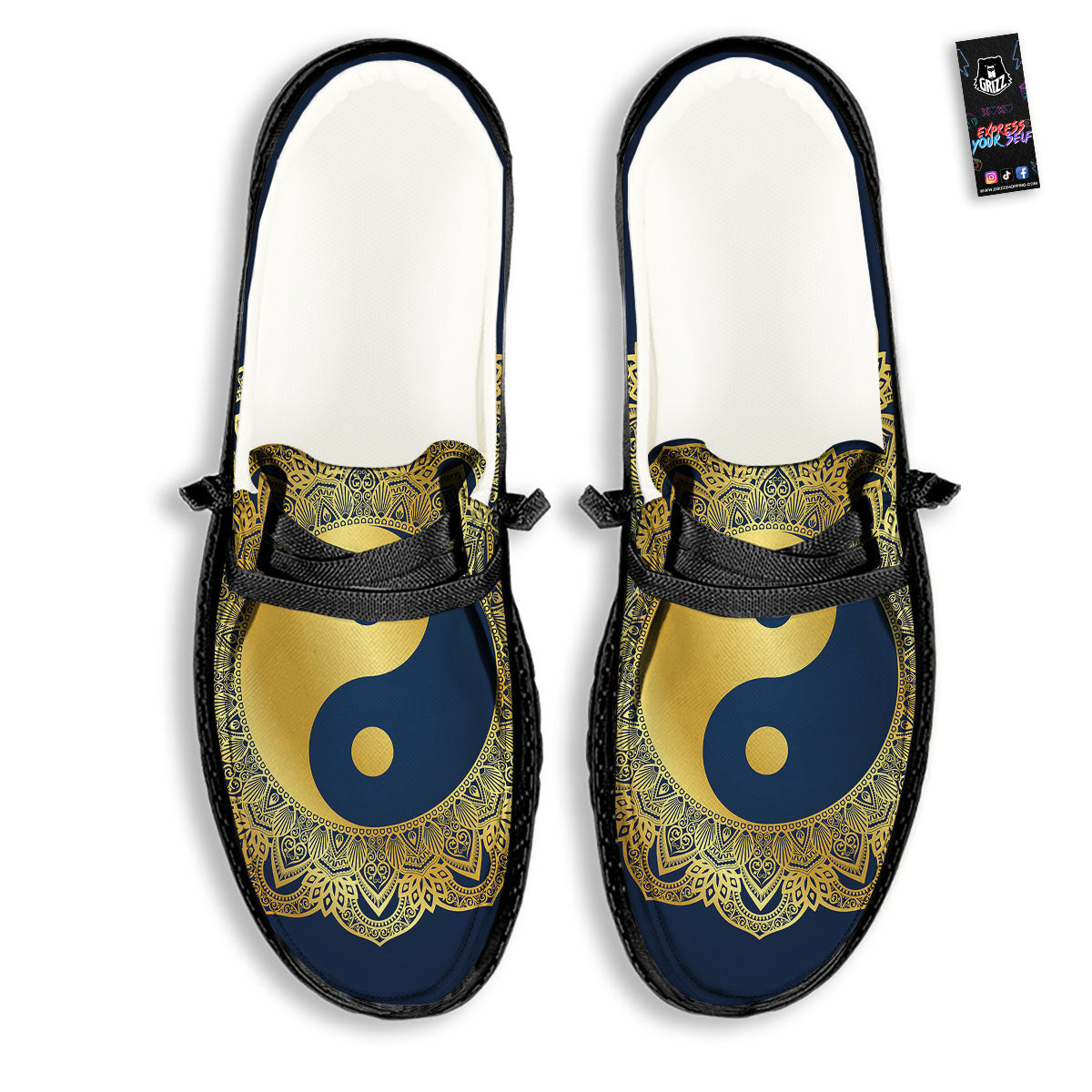 Yin Yang Gold Mandala Print Black Loafers-grizzshop