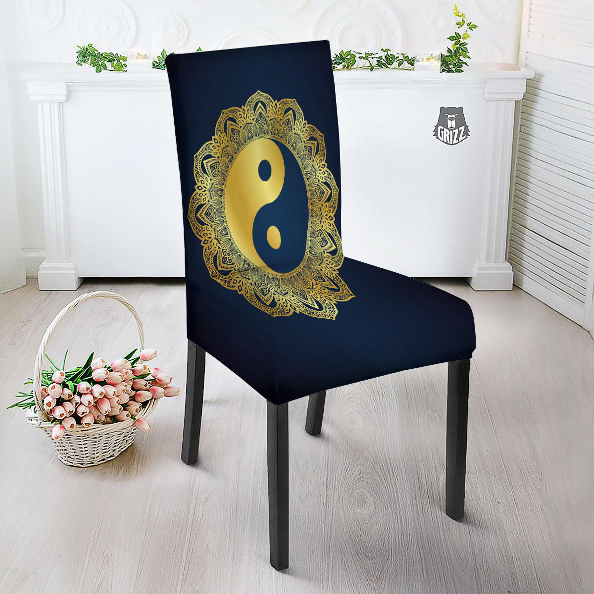 Yin Yang Gold Mandala Print Dining Chair Slipcover-grizzshop