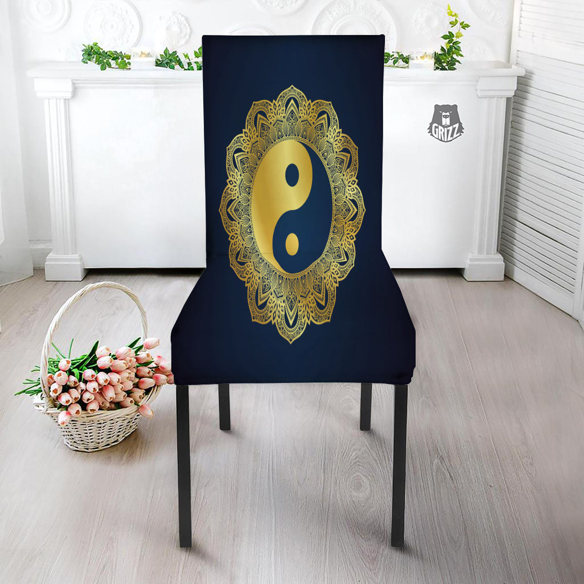 Yin Yang Gold Mandala Print Dining Chair Slipcover-grizzshop
