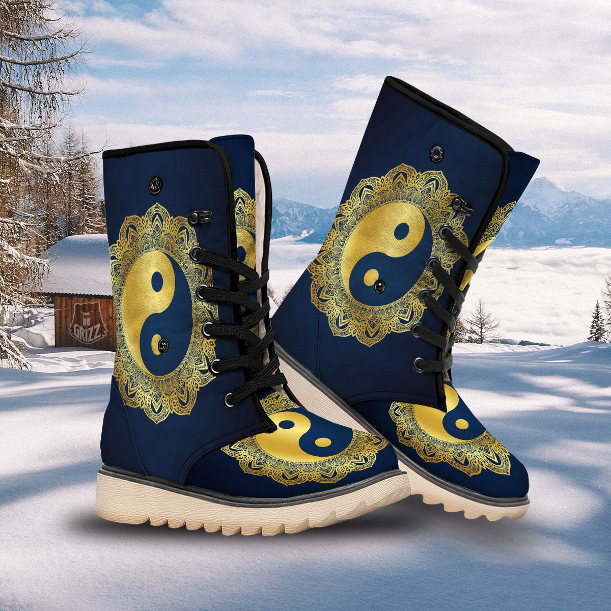 Yin Yang Gold Mandala Print Snow Boots-grizzshop
