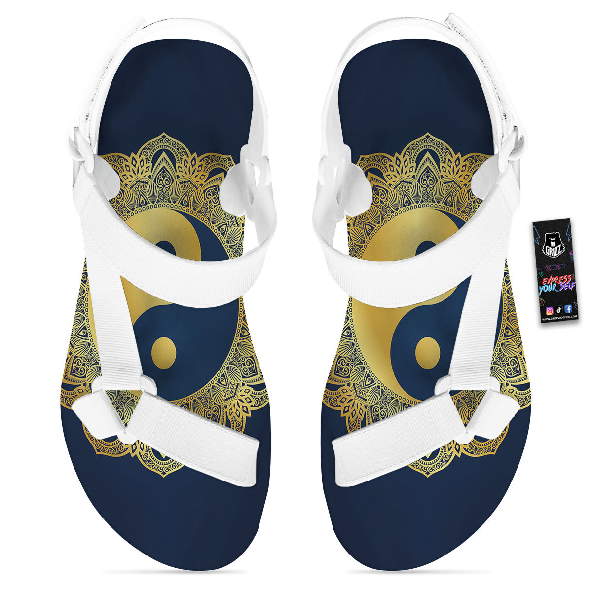 Yin Yang Gold Mandala Print White Open Toe Sandals-grizzshop