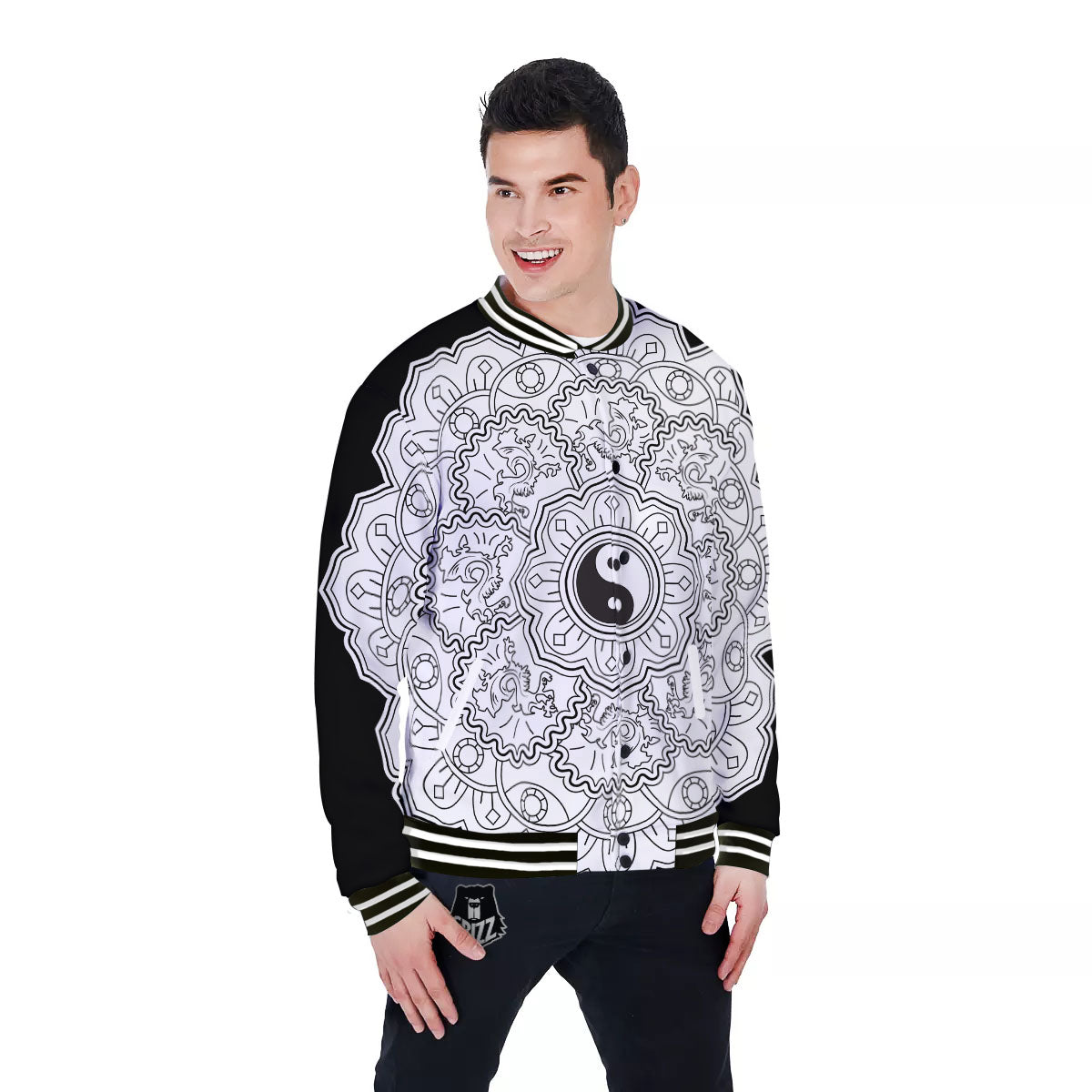 Yin Yang Mandala White And Black Print Baseball Jacket-grizzshop