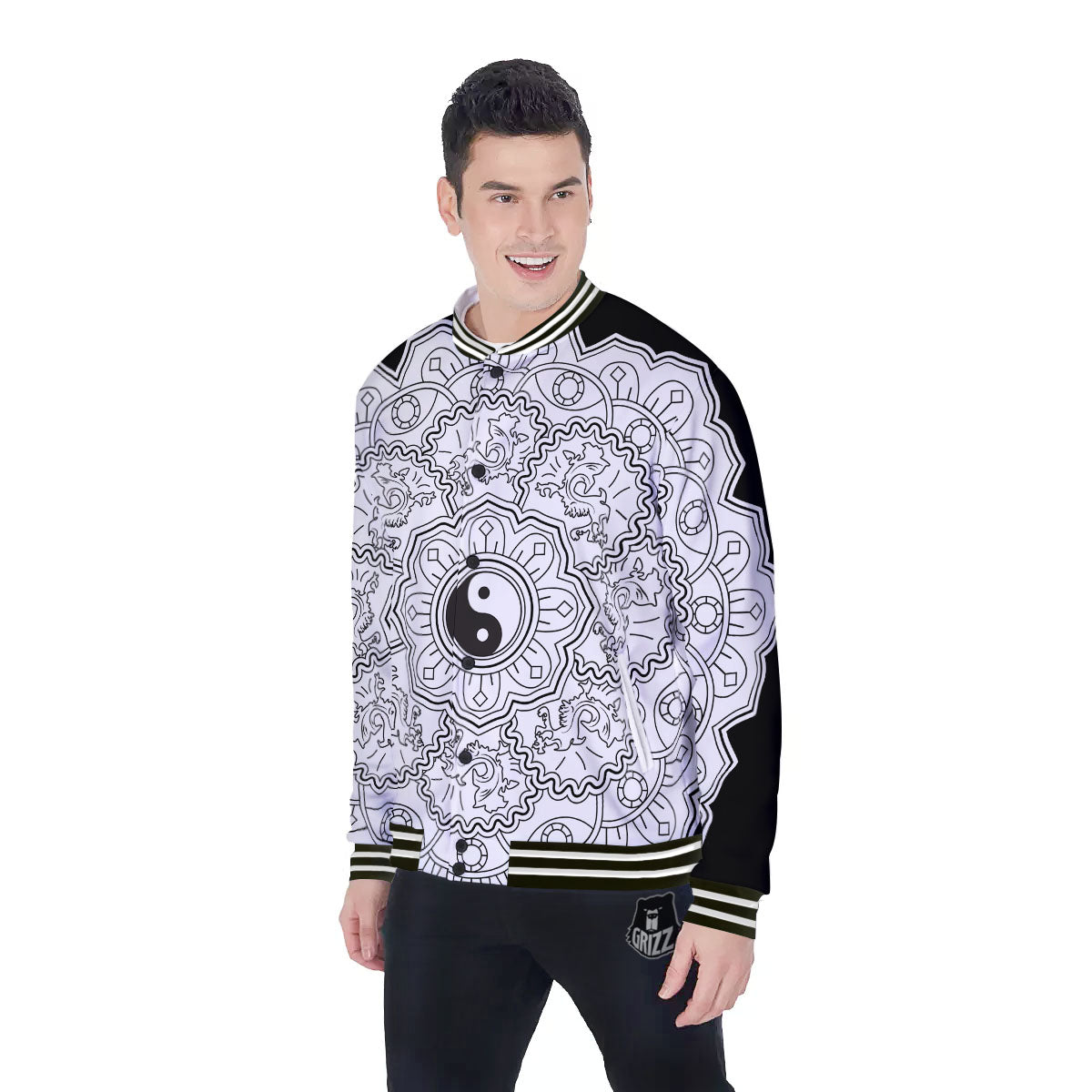 Yin Yang Mandala White And Black Print Baseball Jacket-grizzshop