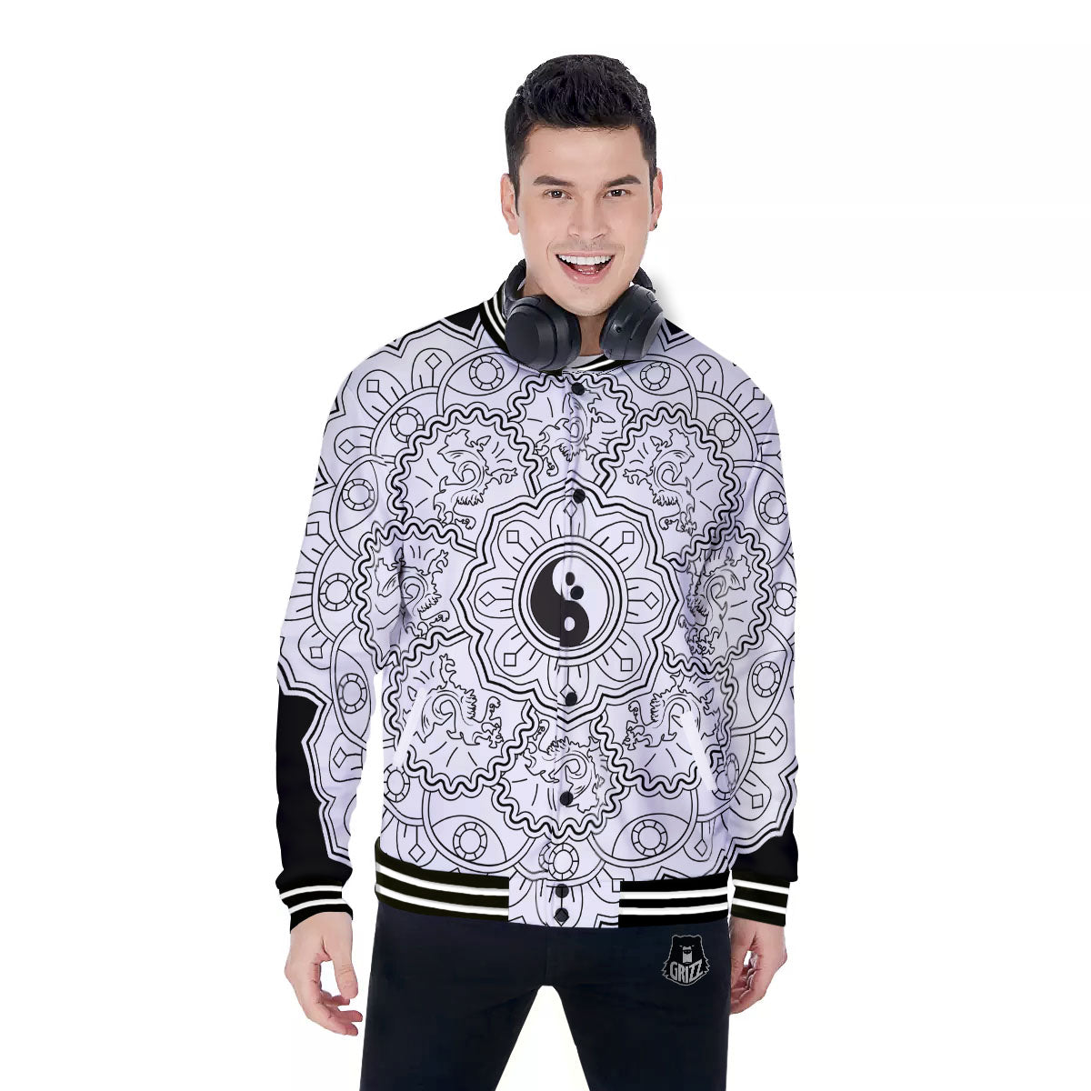 Yin Yang Mandala White And Black Print Baseball Jacket-grizzshop