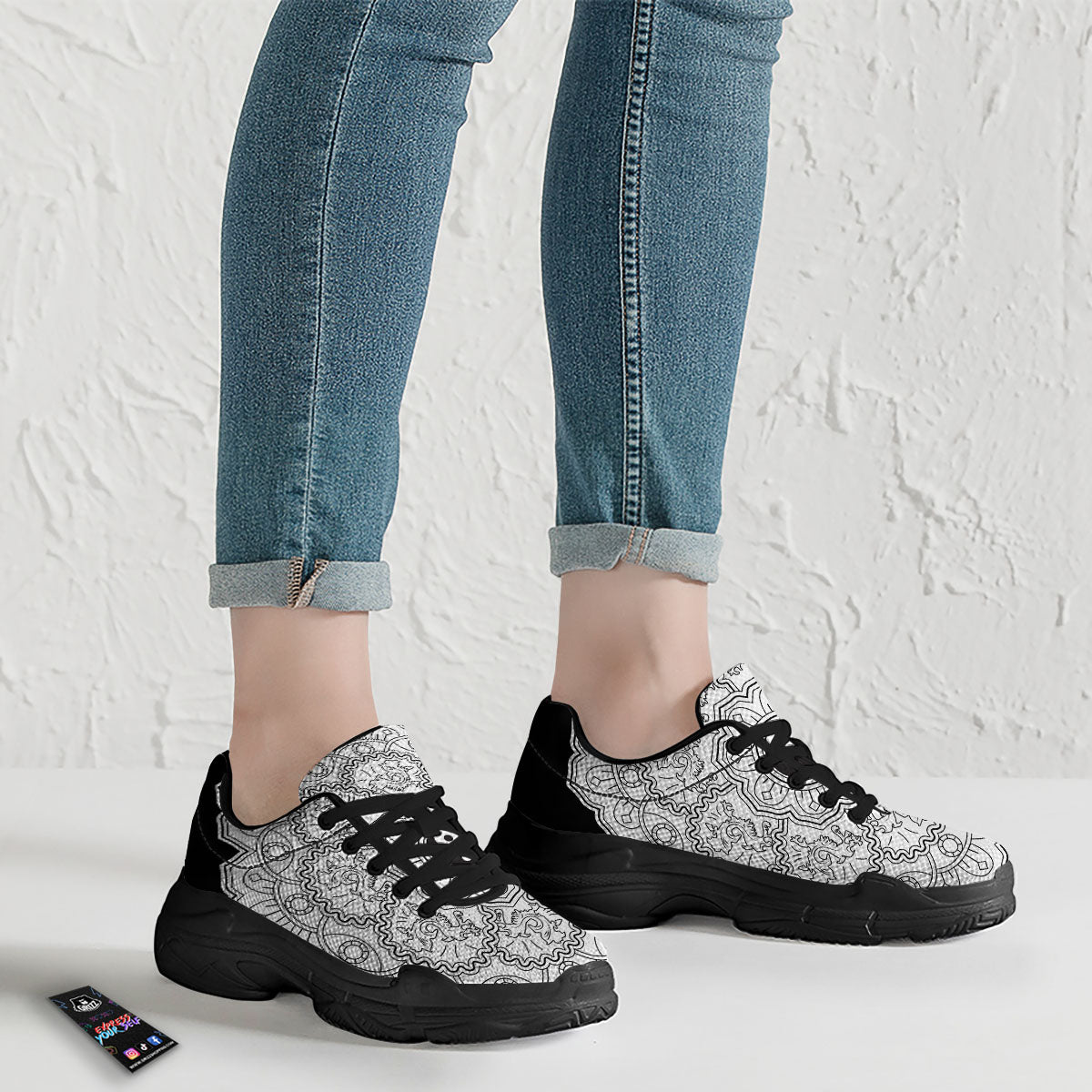 Yin Yang Mandala White And Black Print Black Chunky Shoes-grizzshop