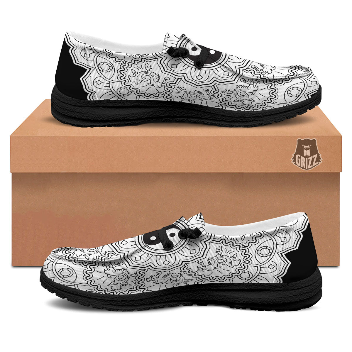 Yin Yang Mandala White And Black Print Black Loafers-grizzshop