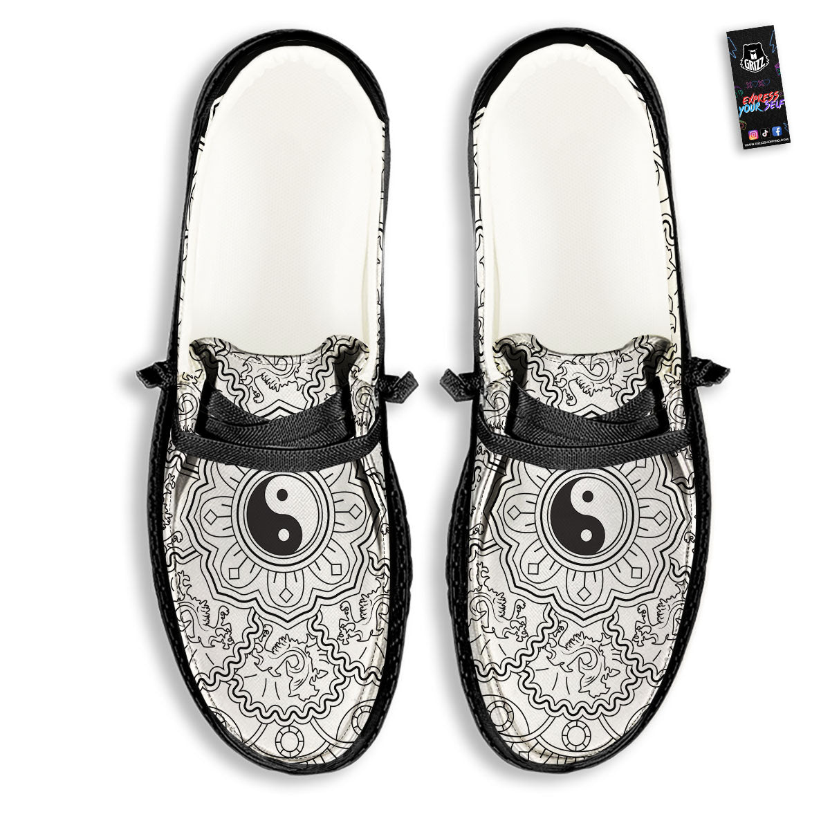 Yin Yang Mandala White And Black Print Black Loafers-grizzshop