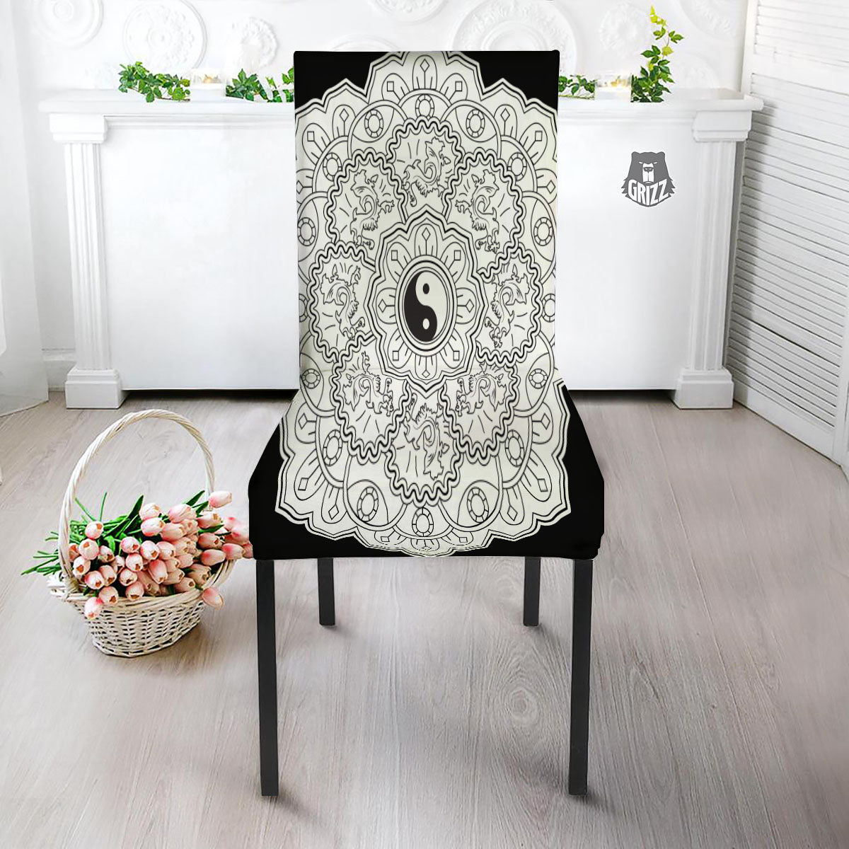 Yin Yang Mandala White And Black Print Dining Chair Slipcover-grizzshop
